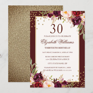30th Birthday Gold Burgundy Floral Invitation
