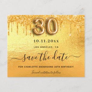 30th birthday gold glitter budget save the date flyer