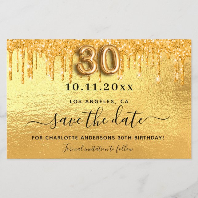 30th birthday gold glitter save the date card (Front)