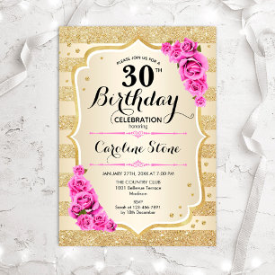 30th Birthday - Gold Stripes Pink Roses Invitation