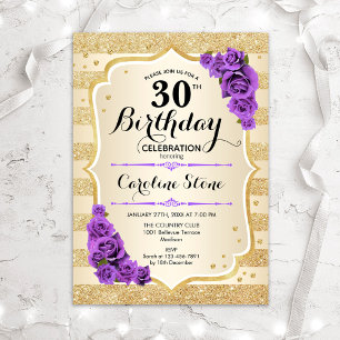 30th Birthday - Gold Stripes Purple Roses Invitation