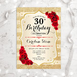 30th Birthday - Gold Stripes Roses Invitation<br><div class="desc">30th Birthday Invitation. Elegant design in gold and red. Features faux glitter gold stripes,  red roses stylish script font and confetti. Perfect for a glam birthday party.</div>