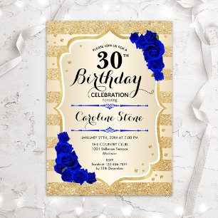 30th Birthday - Gold Stripes Royal Blue Roses Invitation