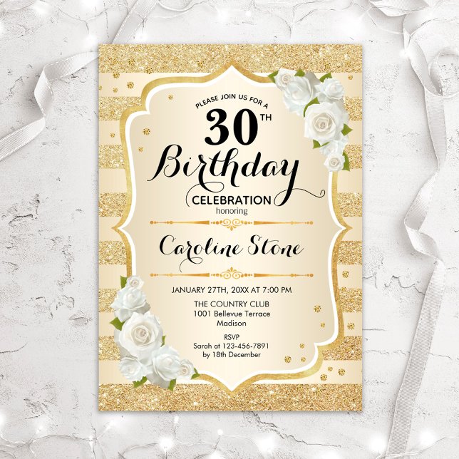 30th Birthday - Gold Stripes White Roses Invitation (Creator Uploaded)