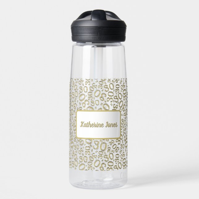 30th Birthday Gold & White Random Number Pattern Water Bottle (Front)