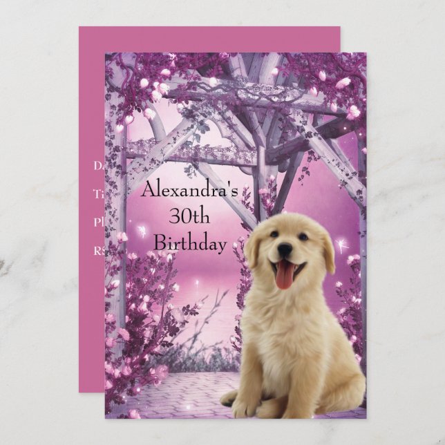 30th Birthday Golden Retriever Winter Pink Invitation (Front/Back)