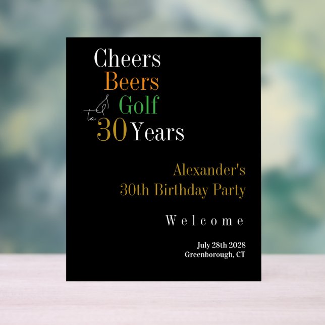 30th Birthday Golf Cheers Beers Black Gold Welcome Acrylic Sign (Neutral)