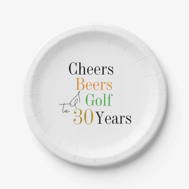 30th Birthday Golf Cheers Beers Minimal Party Paper Plate (Front)
