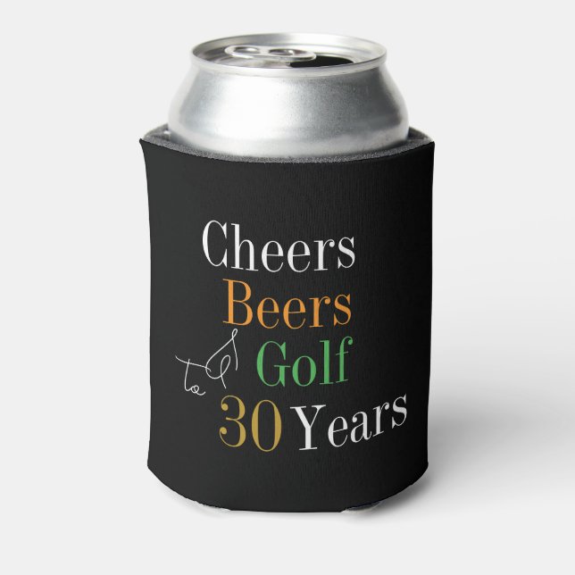 30th Birthday Golf Cheers Beers Party Black Gold Can Cooler (Can Back)