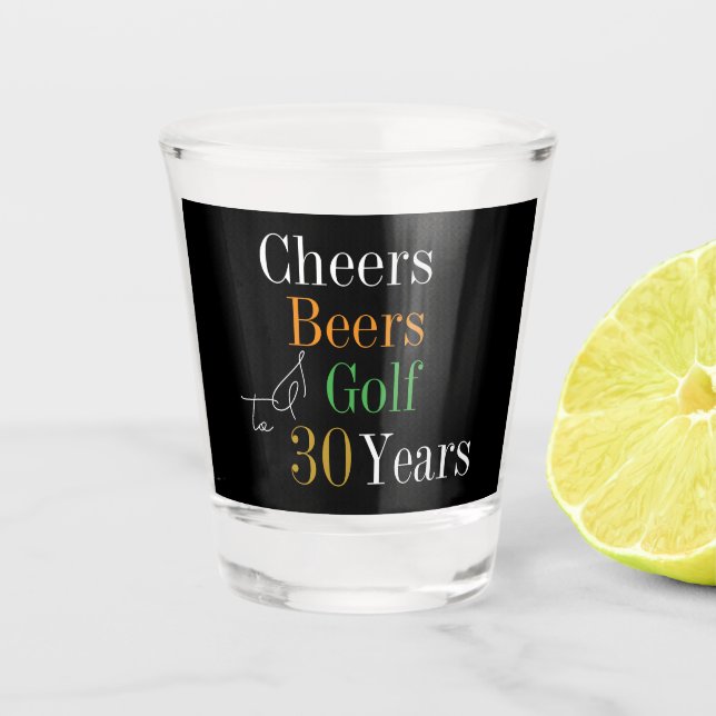 30th Birthday Golf Cheers Beers Party Black Gold Shot Glass (Front)