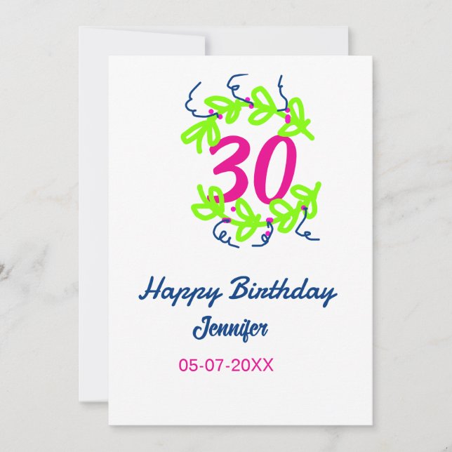 30th birthday green blue wreath name date rustic b invitation (Front)