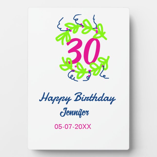 30th birthday green blue wreath name date rustic b plaque (Front)