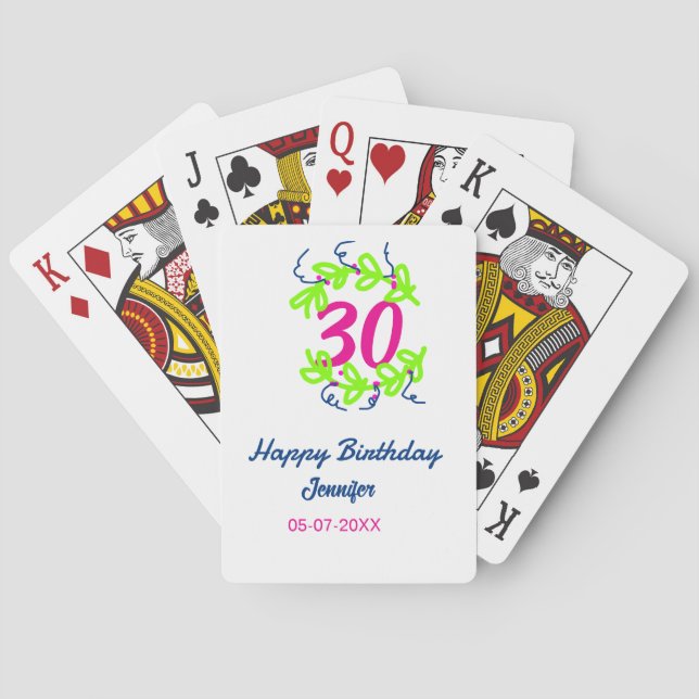 30th birthday green blue wreath name date rustic b playing cards (Back)