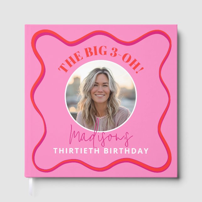 30th Birthday Guest Book Colourful Wavy Red Pink (Front)