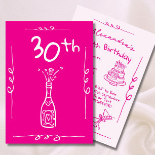 30th Birthday  Hand Drawn Pink Whimsical Invitation