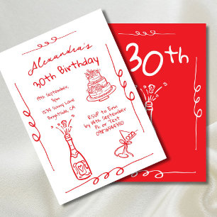 30th Birthday  Hand Drawn Red  Whimsical Invitation
