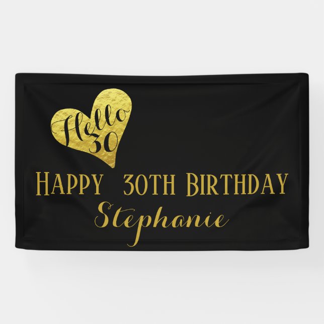 30th Birthday Hello 30 Black and Faux Gold Heart Banner (Horizontal)