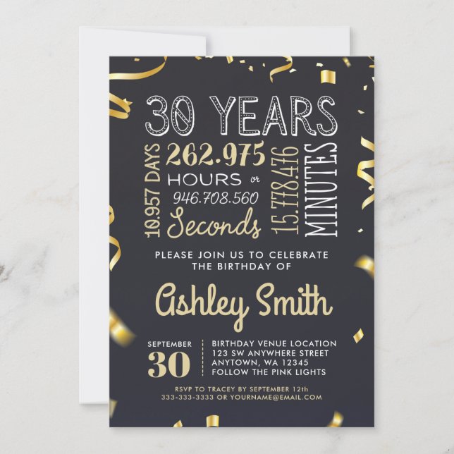 30th Birthday Invitation - 30 Years Hours Seconds (Front)