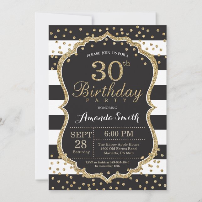 30th Birthday Invitation. Black and Gold Glitter Invitation (Front)