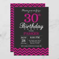 30th Birthday Invitation Black and Hot Pink