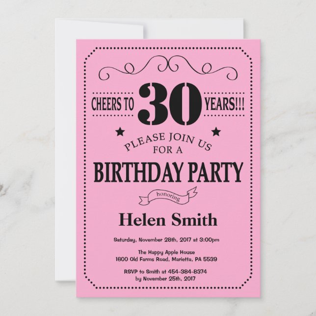 30th Birthday Invitation Black and Pink (Front)