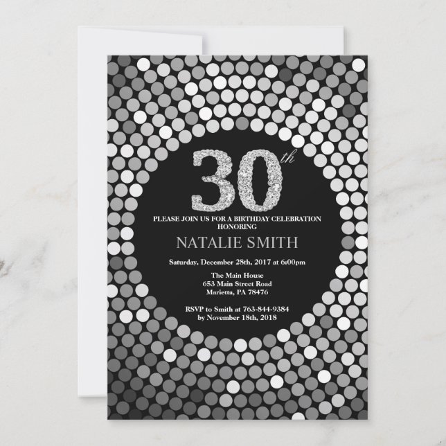 30th Birthday Invitation Black and Silver Glitter (Front)