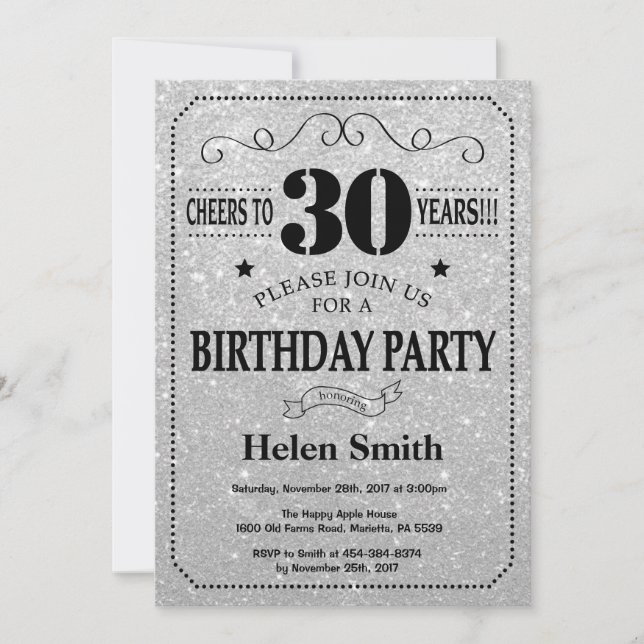 30th Birthday Invitation Black and Silver Glitter (Front)