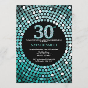 30th Birthday Invitation Black and Teal Glitter