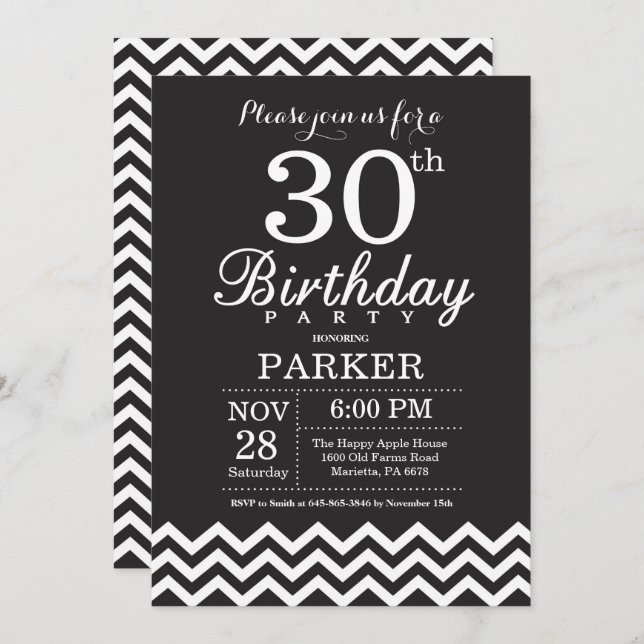 30th Birthday Invitation Black and White Chevron (Front/Back)