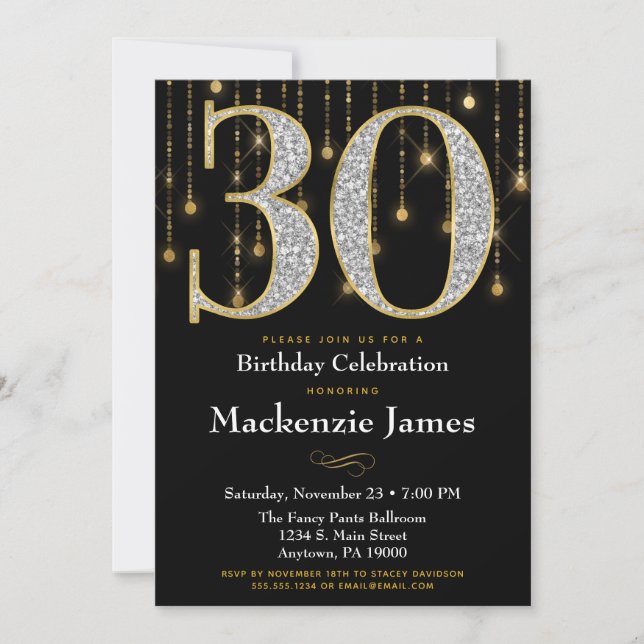 30th Birthday Invitation Black Gold Diamonds Adult (Front)