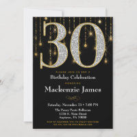 30th Birthday Invitation Black Gold Diamonds Adult