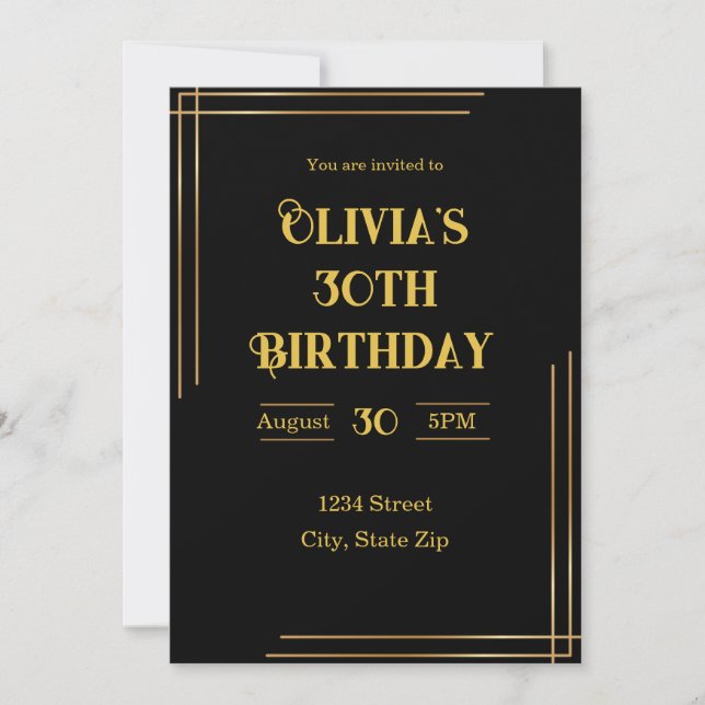 30th Birthday Invitation – Black & Gold | Elegant (Front)