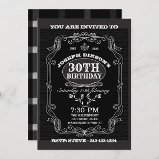 30th BIRTHDAY INVITATION, Black & grey Whisky lab Invitation