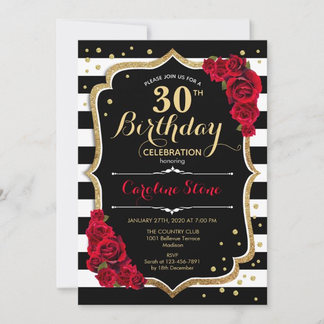 30th Birthday Invitation Black White Stripes Roses (Front)