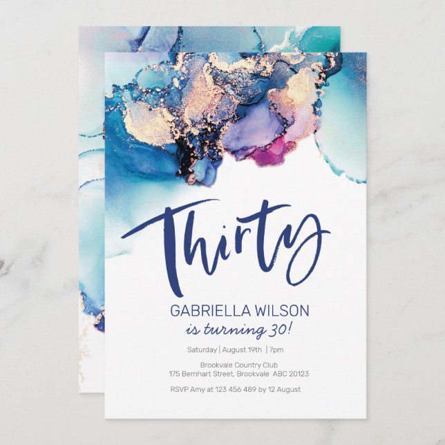 30th Birthday Invitation Blue Abstract Watercolor (Front/Back)