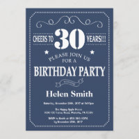 30th Birthday Invitation Blue and White