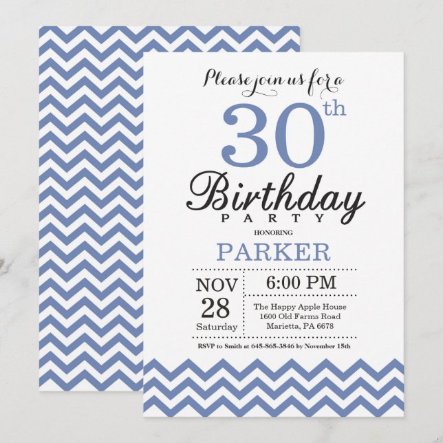 30th Birthday Invitation Blue Chevron (Front/Back)