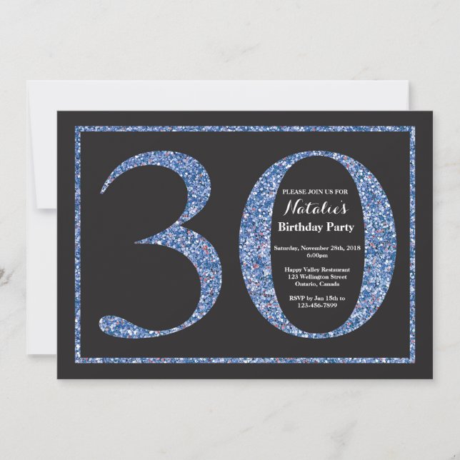 30th Birthday Invitation Blue Glitter Chalkboard (Front)
