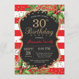 30th Birthday Invitation. Christmas Red Black Gold Invitation