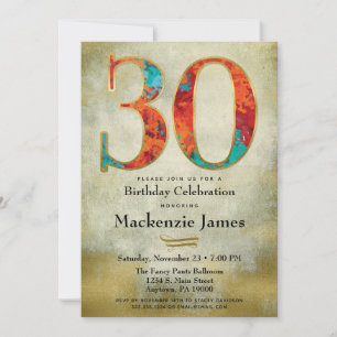 30th Birthday Invitation Gold Red Aqua Adult