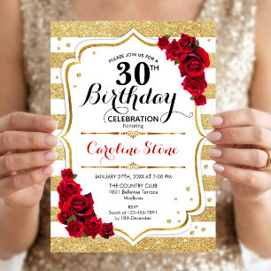 30th Birthday Invitation Gold White Stripes Roses