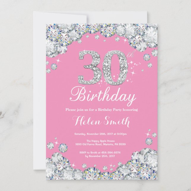 30th Birthday Invitation Pink and Silver Diamond (Front)