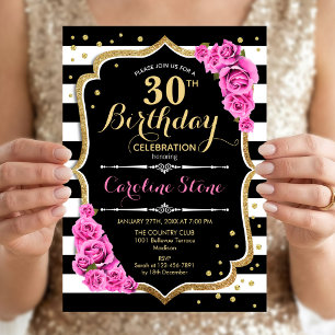 30th Birthday Invitation Pink Black White Stripes