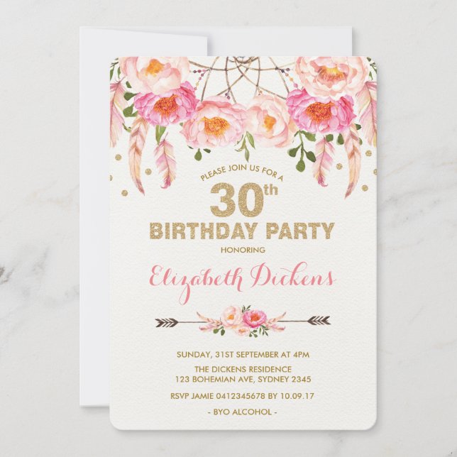 30th Birthday Invitation Pink Gold Boho Floral (Front)
