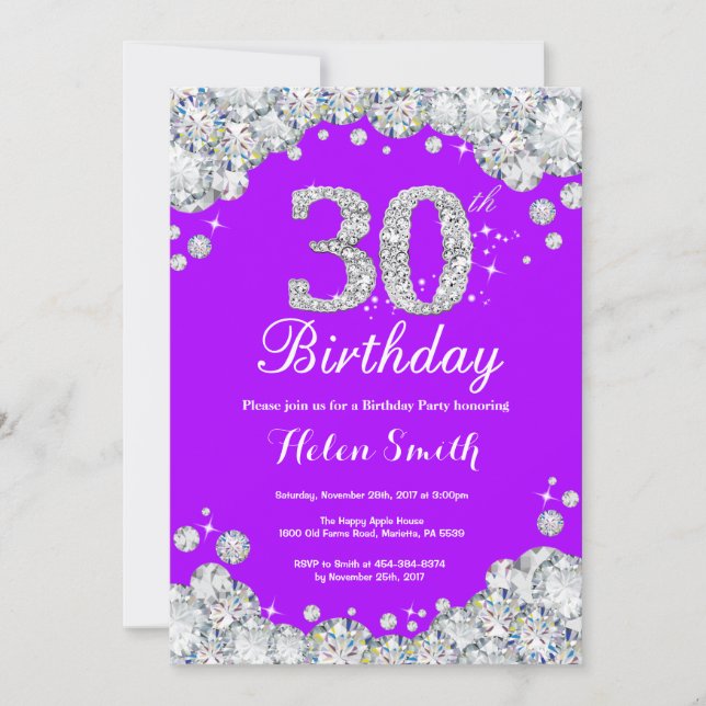 30th Birthday Invitation Purple and Silver Diamond (Front)