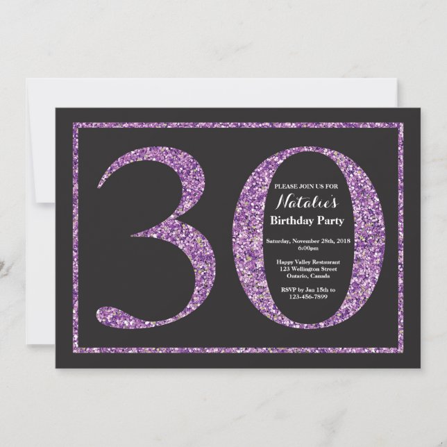 30th Birthday Invitation Purple Glitter Chalkboard (Front)
