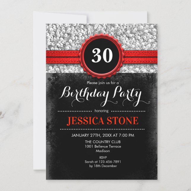 30th Birthday Invitation - Red Black Silver (Front)