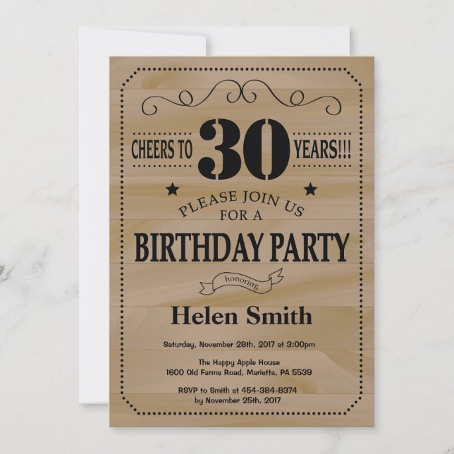 30th Birthday Invitation Rustic Wood (Front)