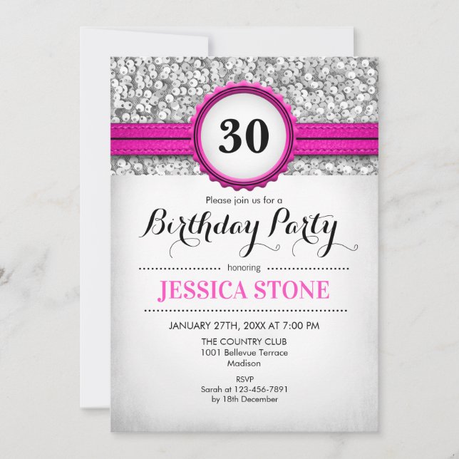 30th Birthday Invitation - Silver White Hot Pink (Front)