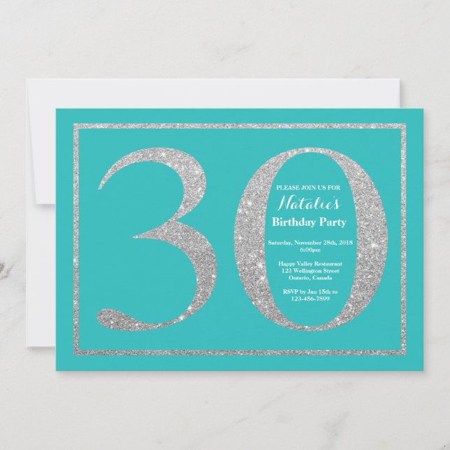 30th Birthday Invitation Teal and Silver Glitter (Front)